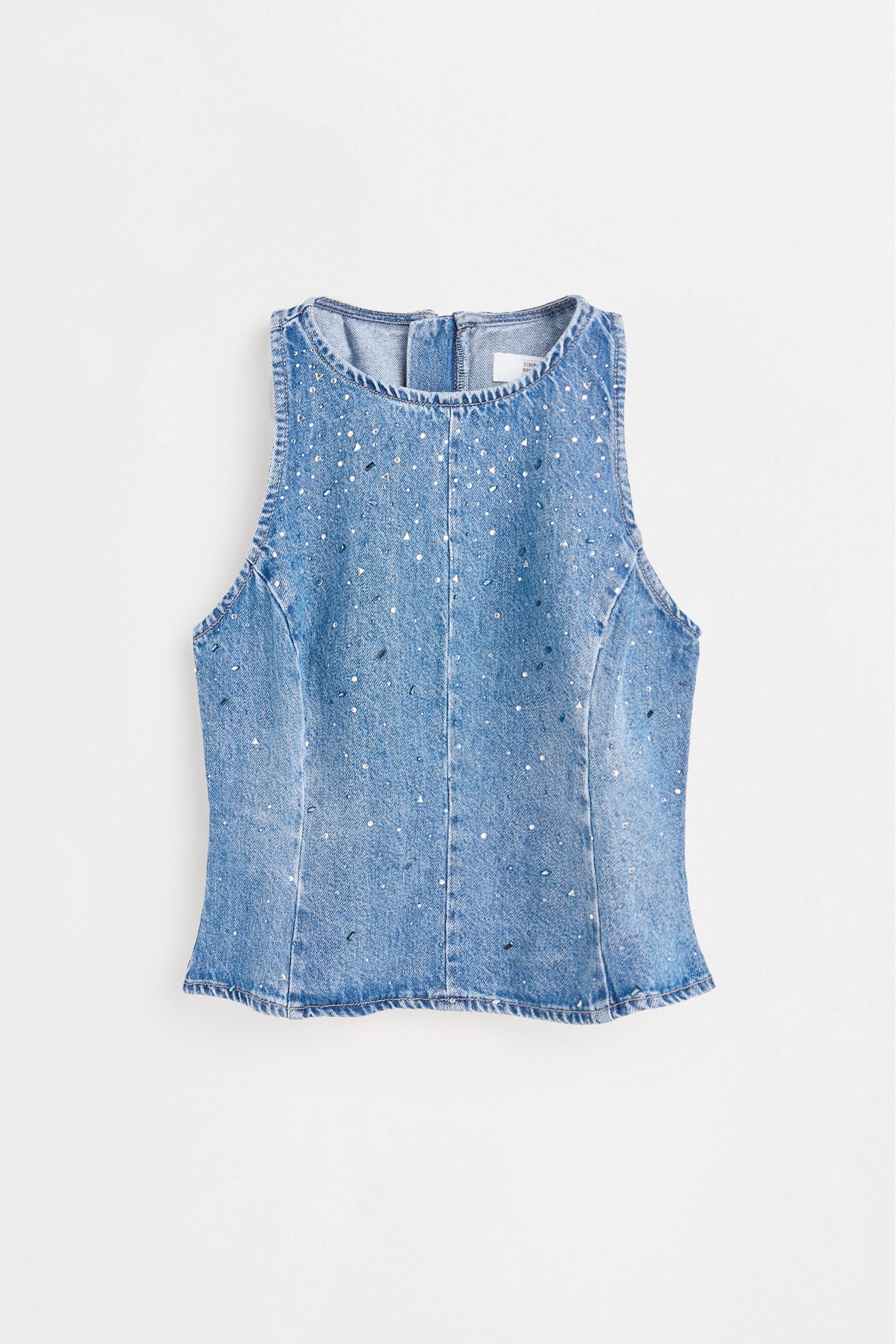 Rhinestone peplum denim top — DARK BLUE
