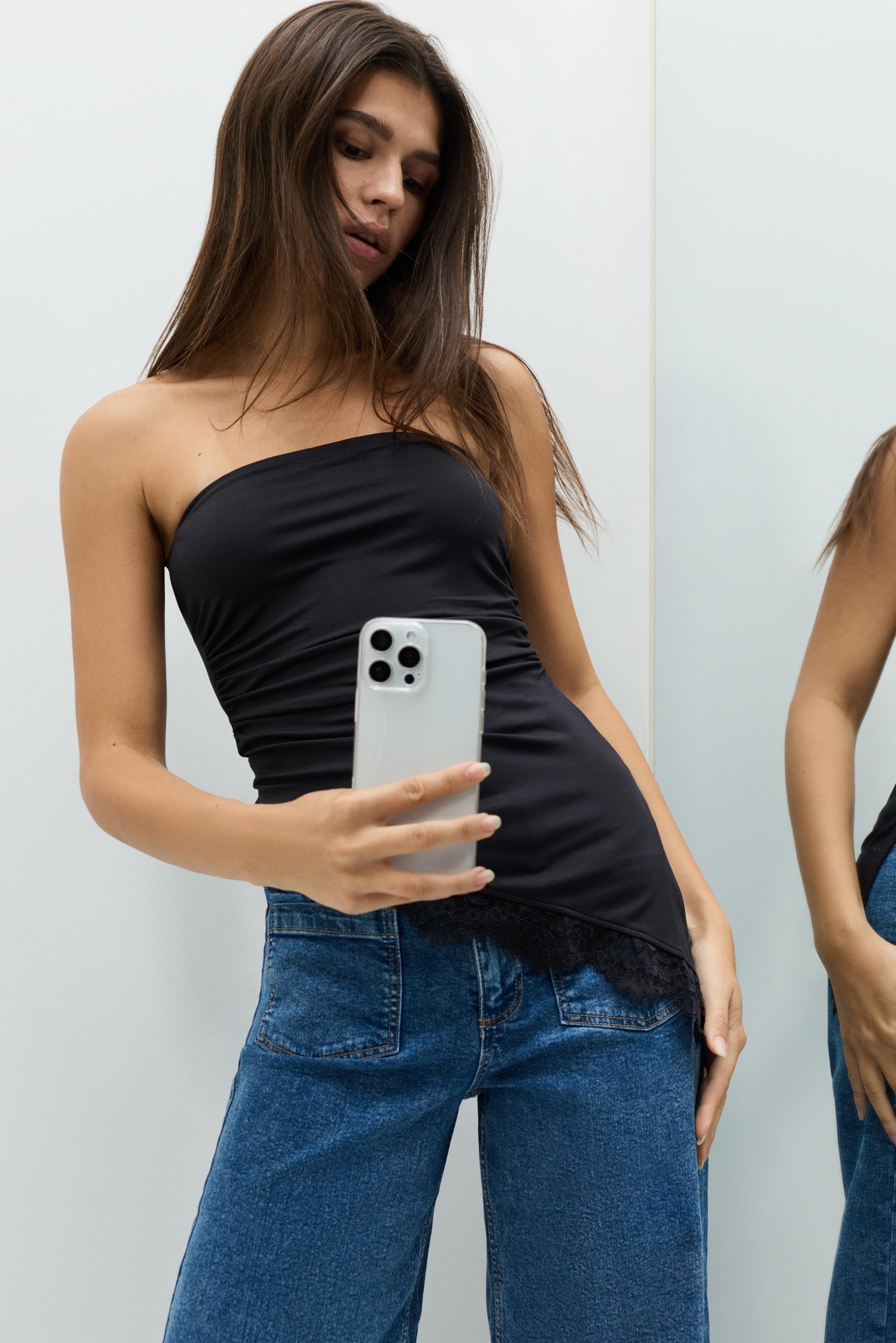 Asymmetric lace top — BLACK