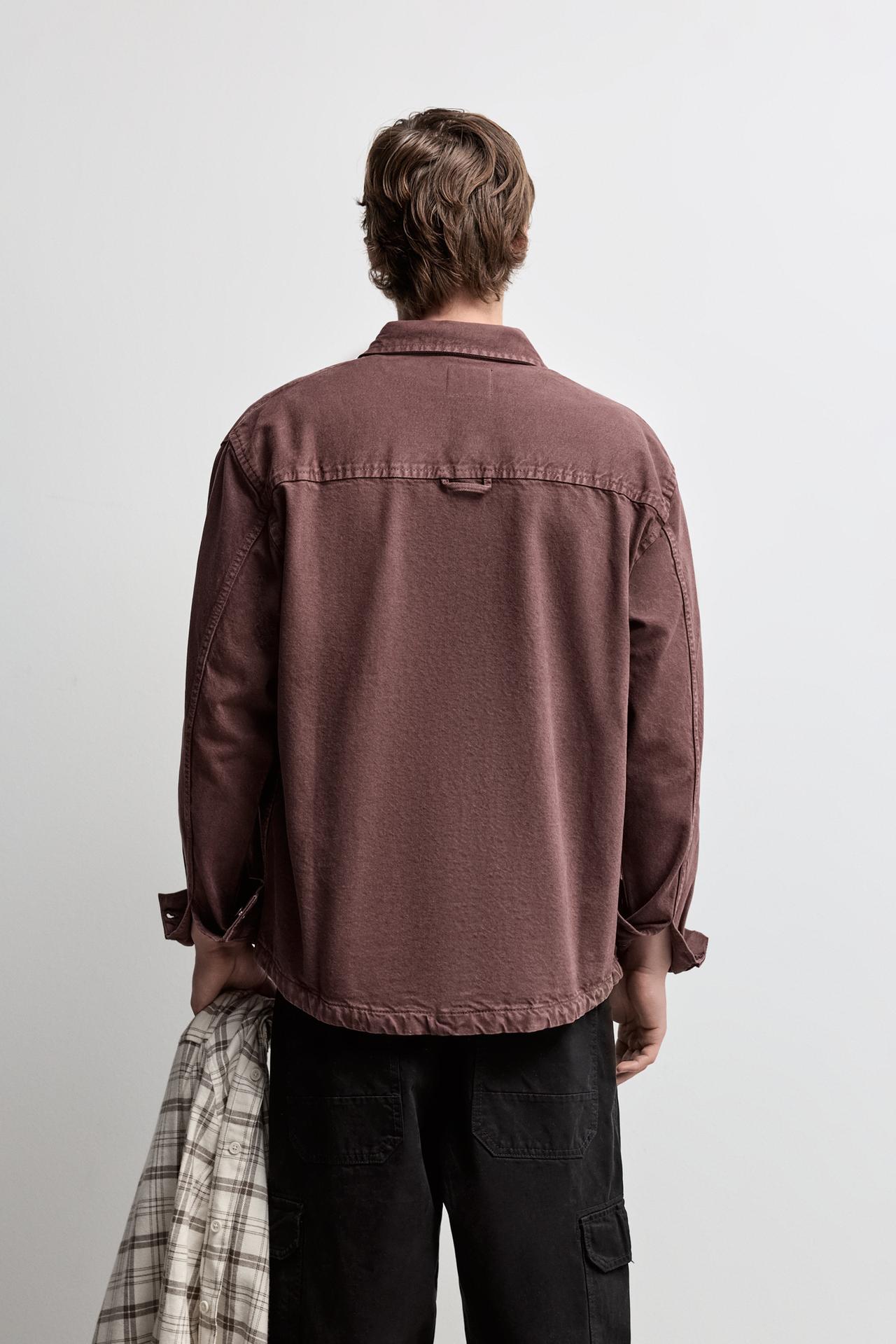 Denim overshirt with pocket — BURGUNDY