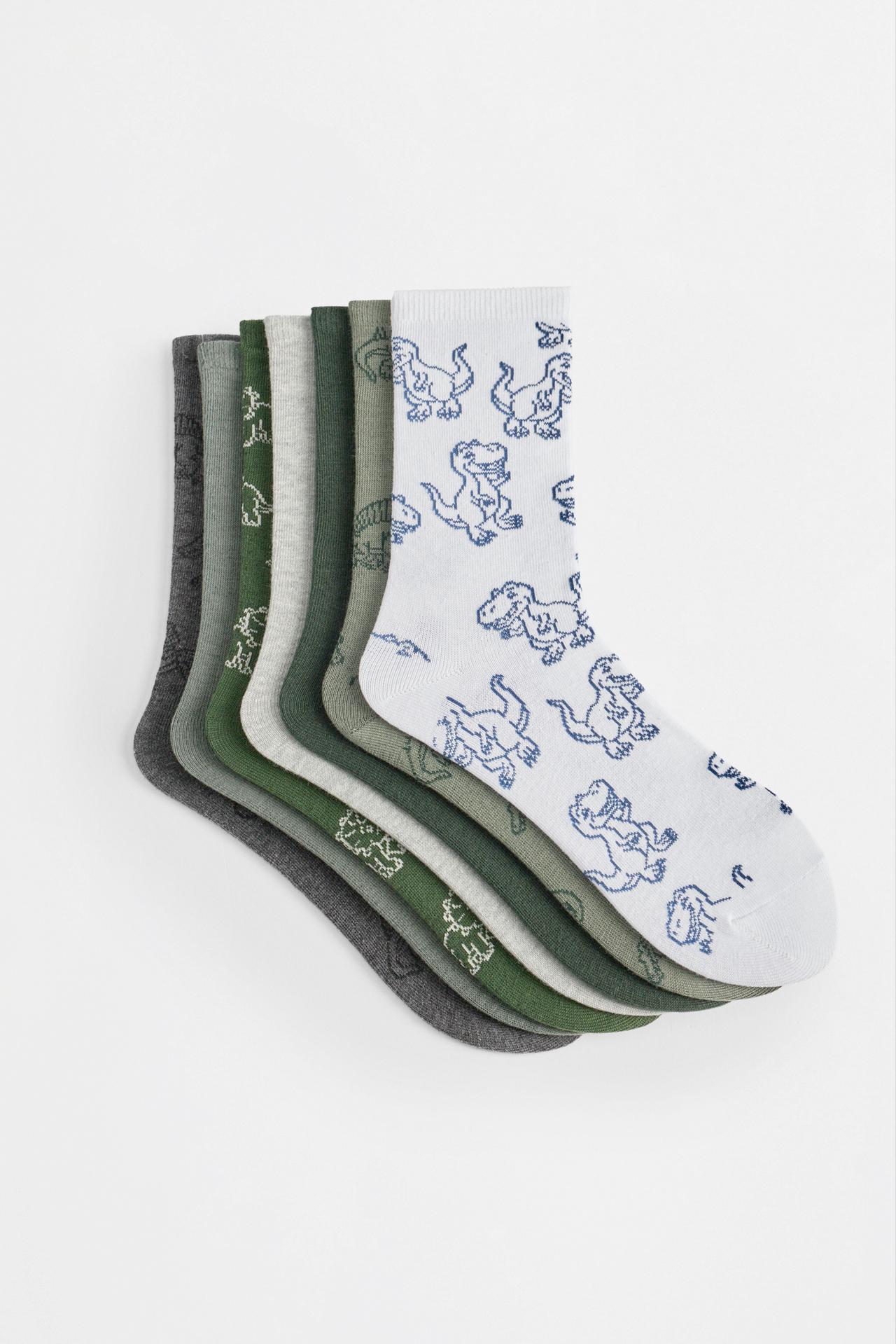 Dinosaur long socks (7-pack) — GREEN TONES