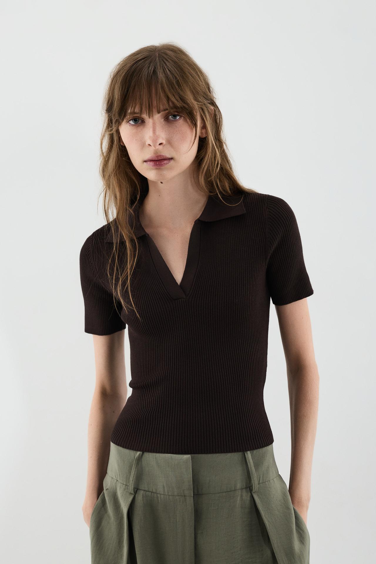 Basic rib knit polo shirt — BROWN