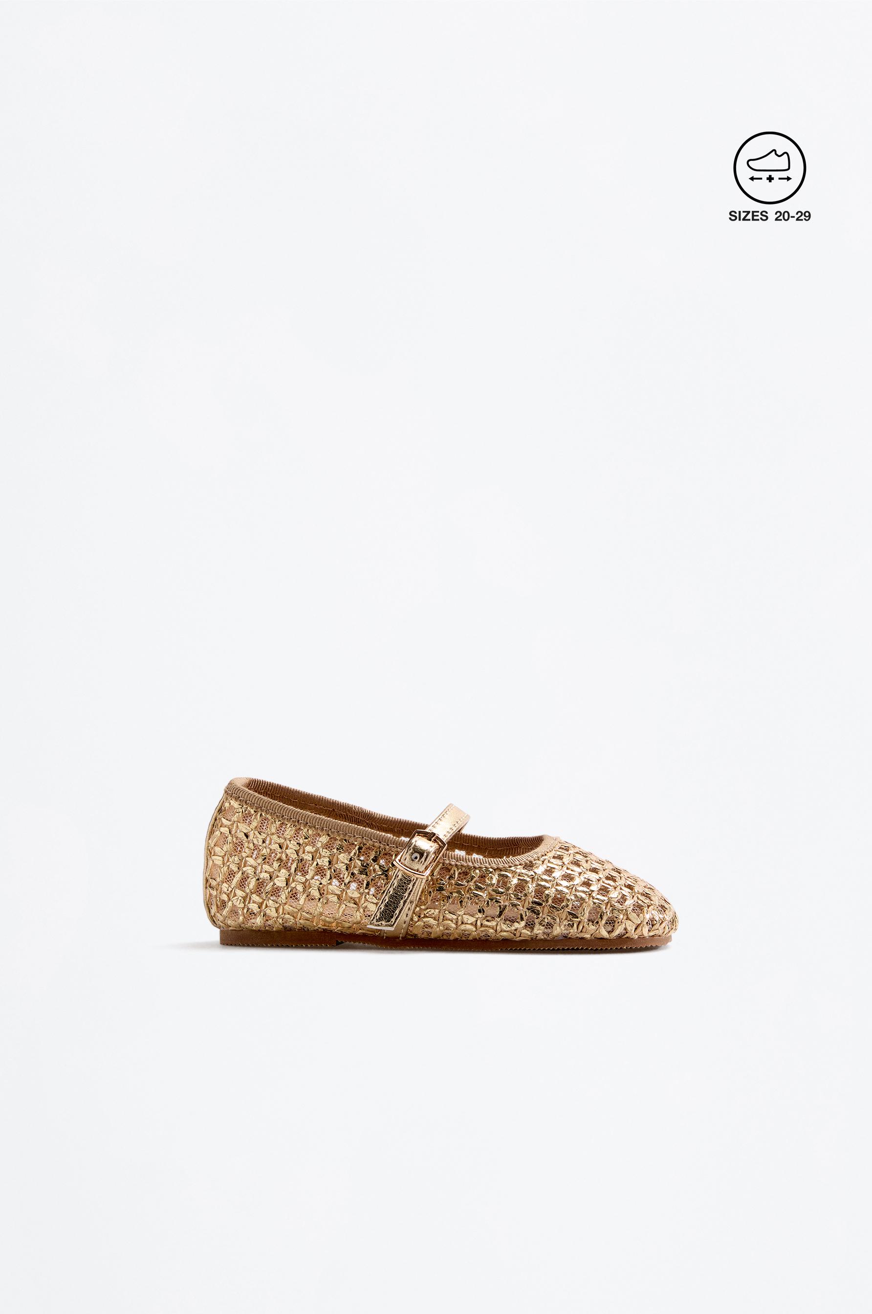 METALLIC MESH BALLET PUMPS — GOLD
