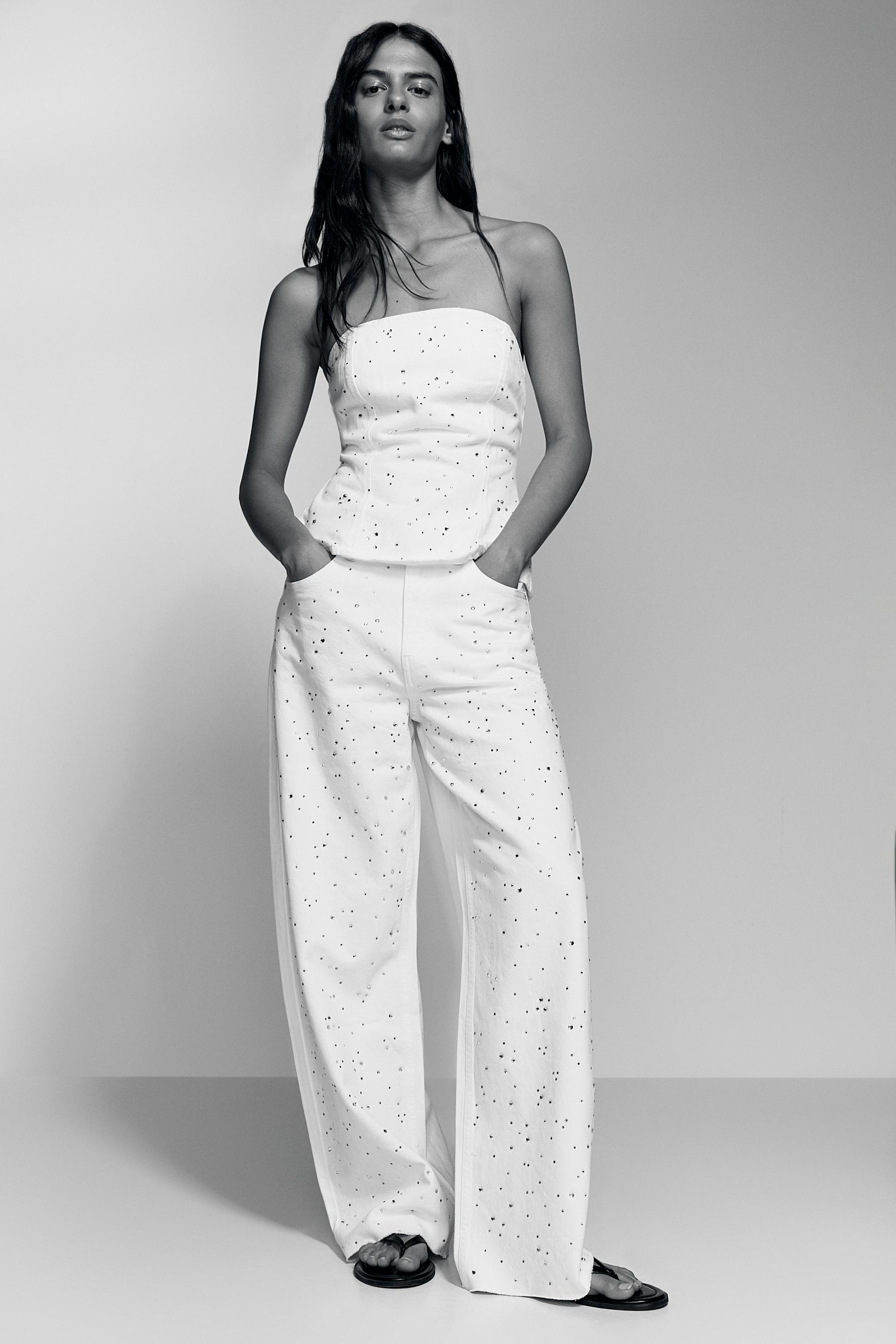 Wide-leg rhinestone jeans — WHITE
