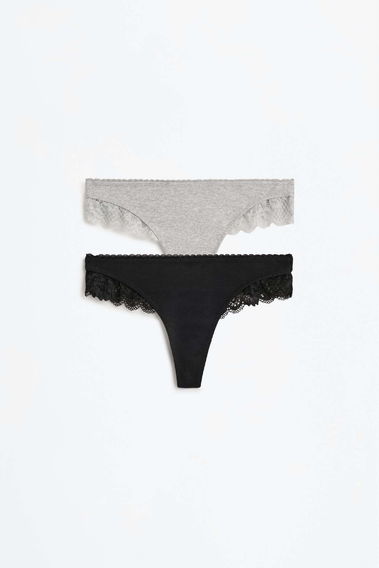 Pack of 2 ribbed thongs - lace — BLACK