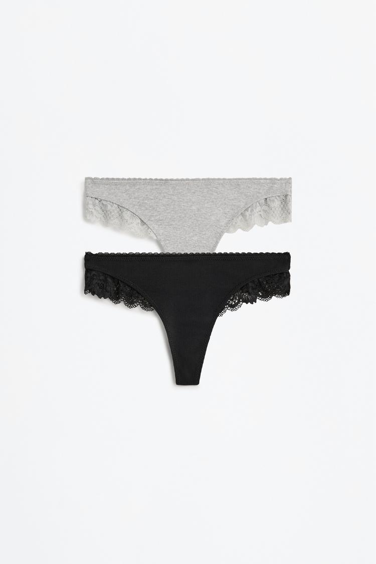 Pack of 2 ribbed thongs - lace — BLACK