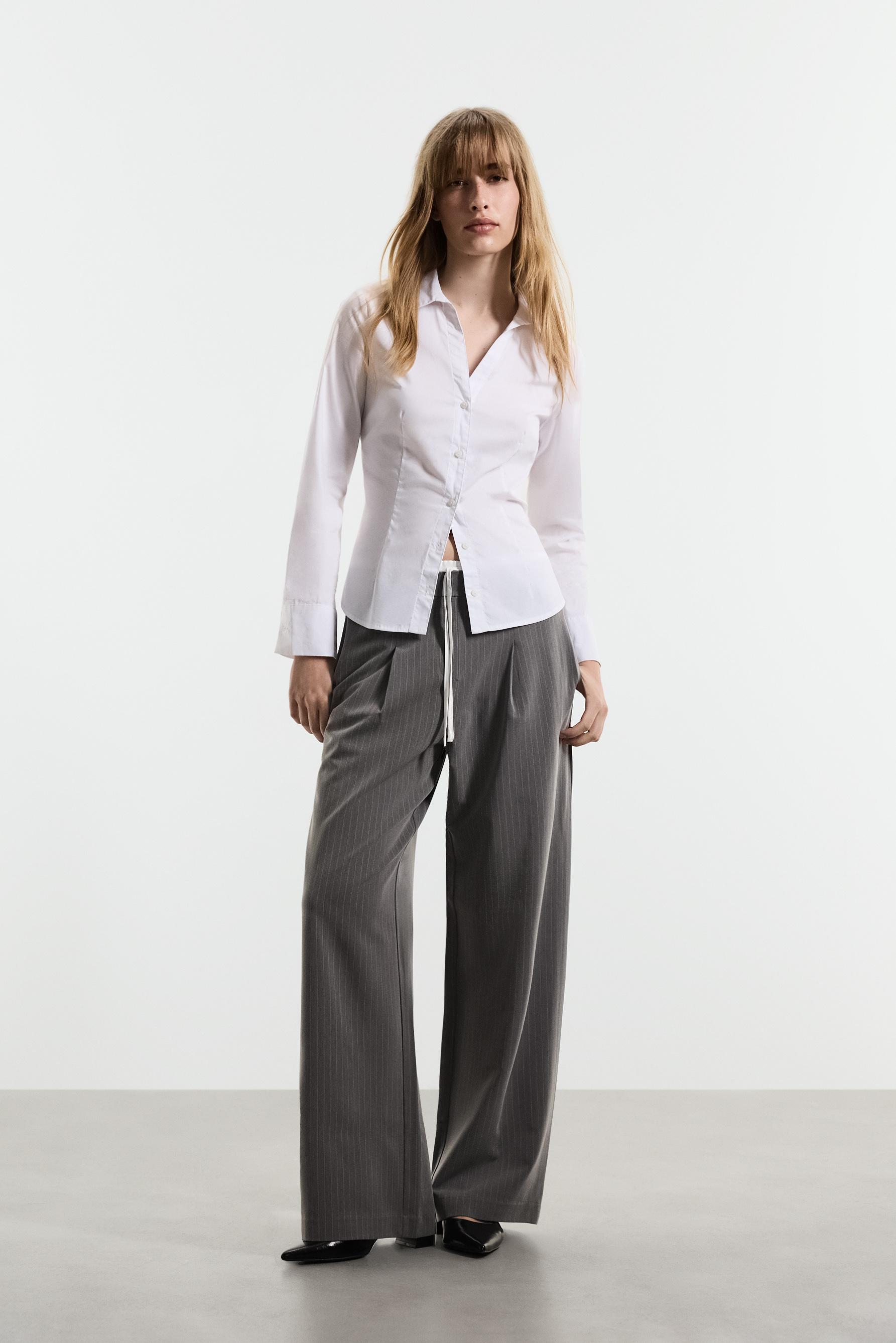 Striped contrast waistband trousers — GREY MARL