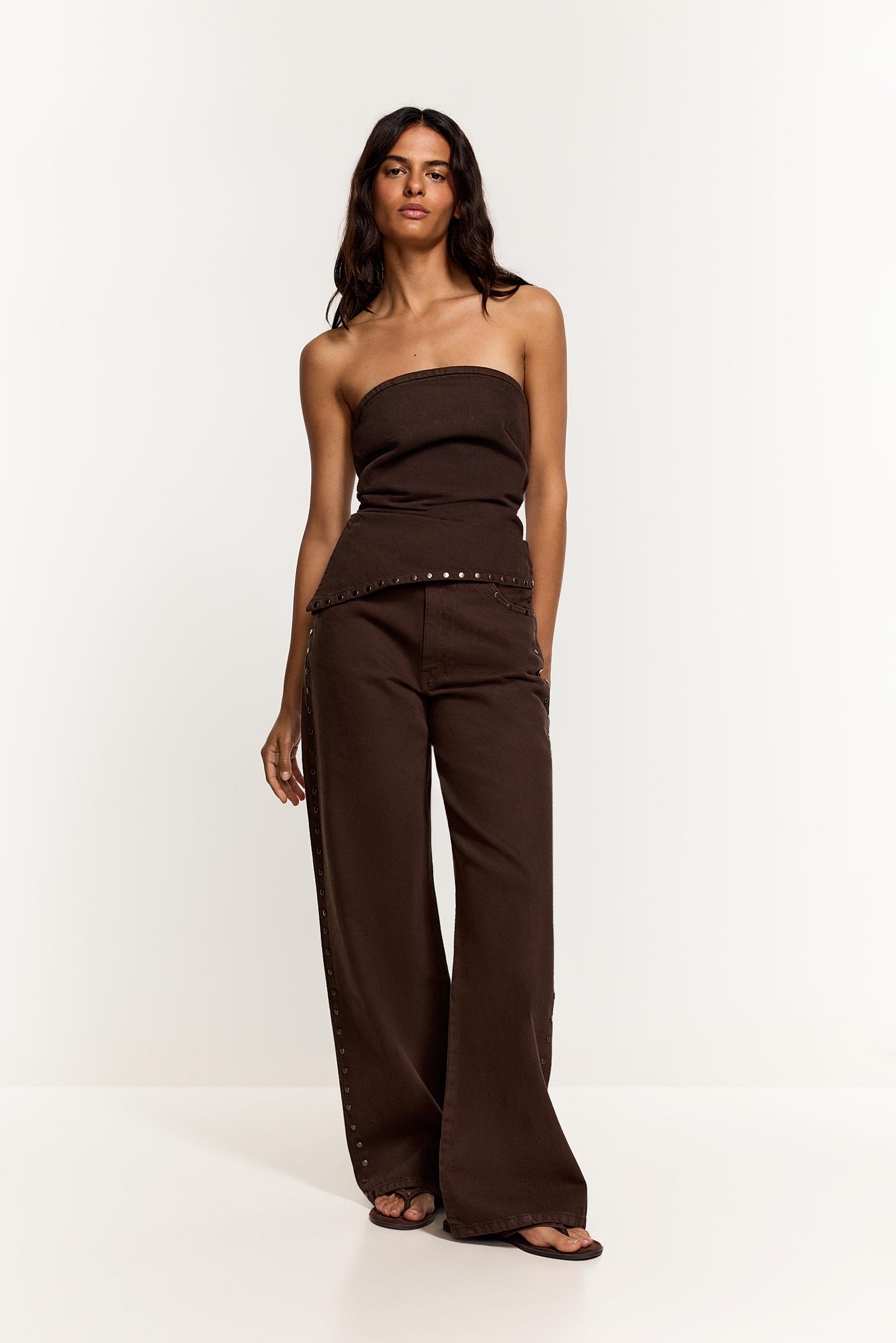 Asymmetric denim bandeau top with studs — BROWN MARL