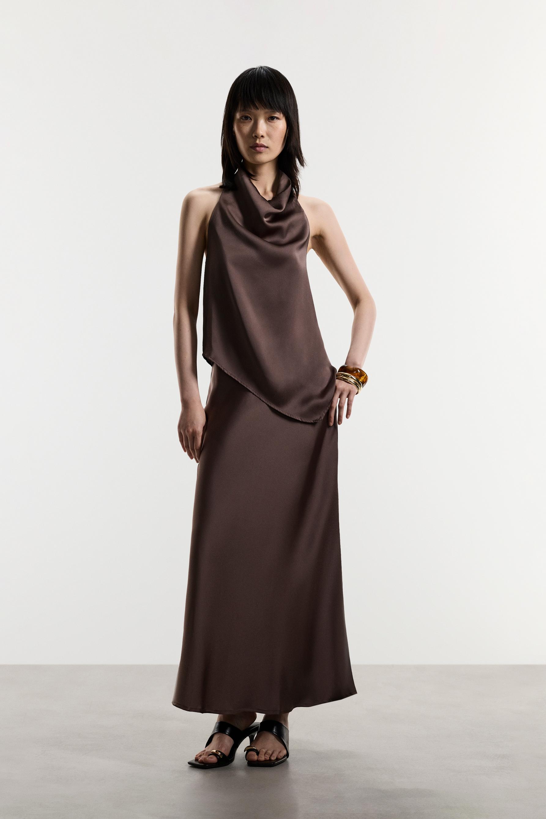 Asymmetric satin top — BROWN