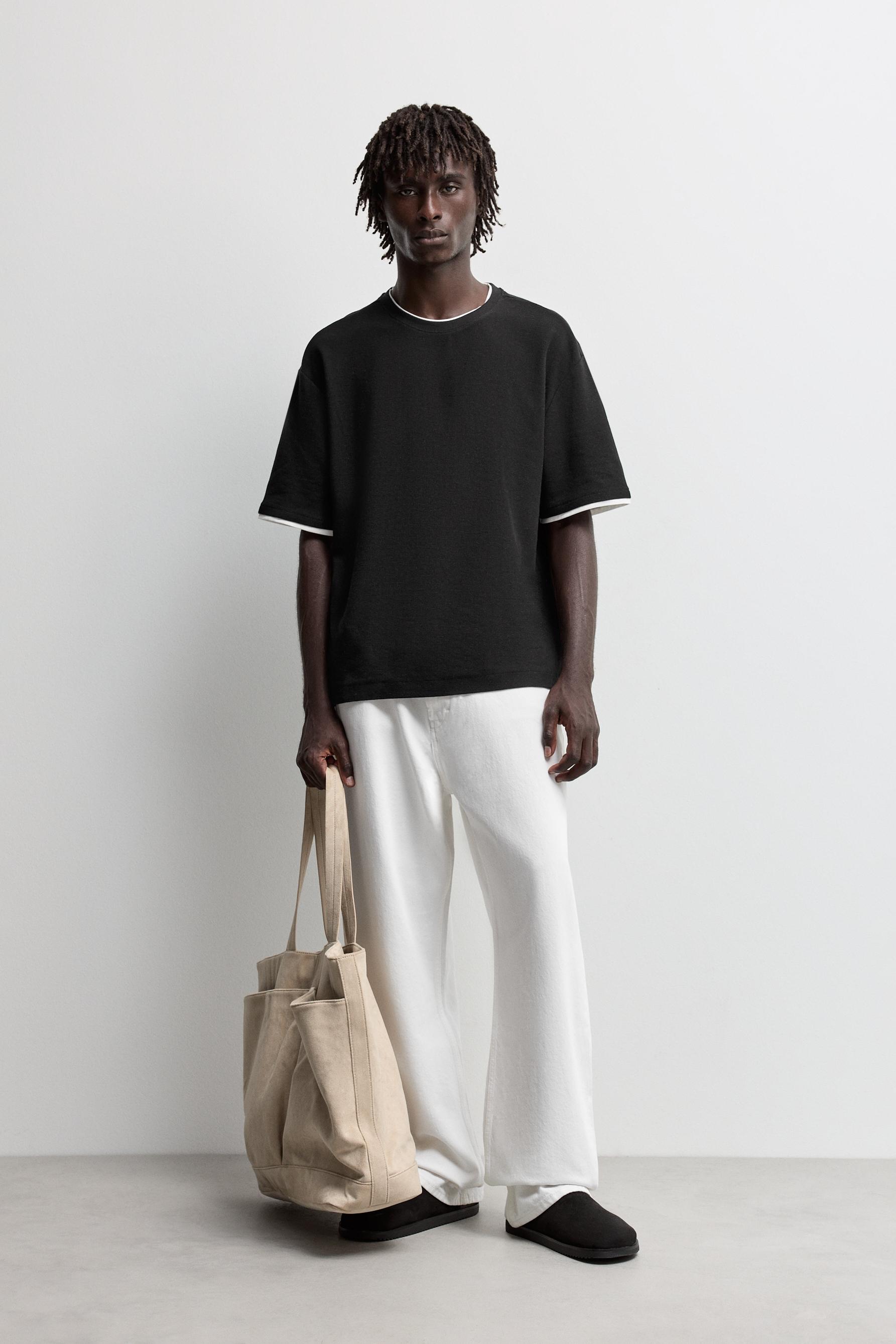 Textured T-shirt with double collar — BLACK