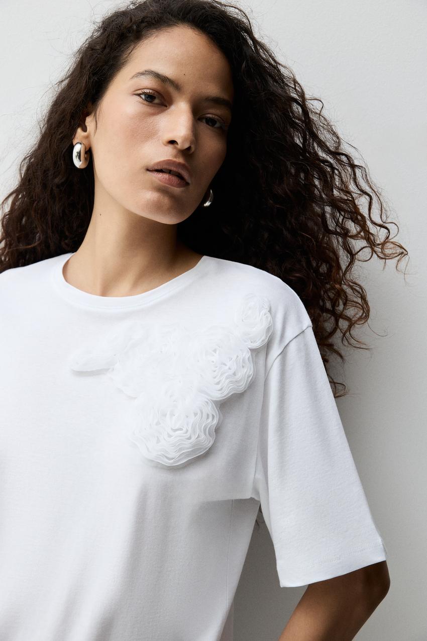 T-shirt flor textura Cintura Subida Calças ROUPA Mulher