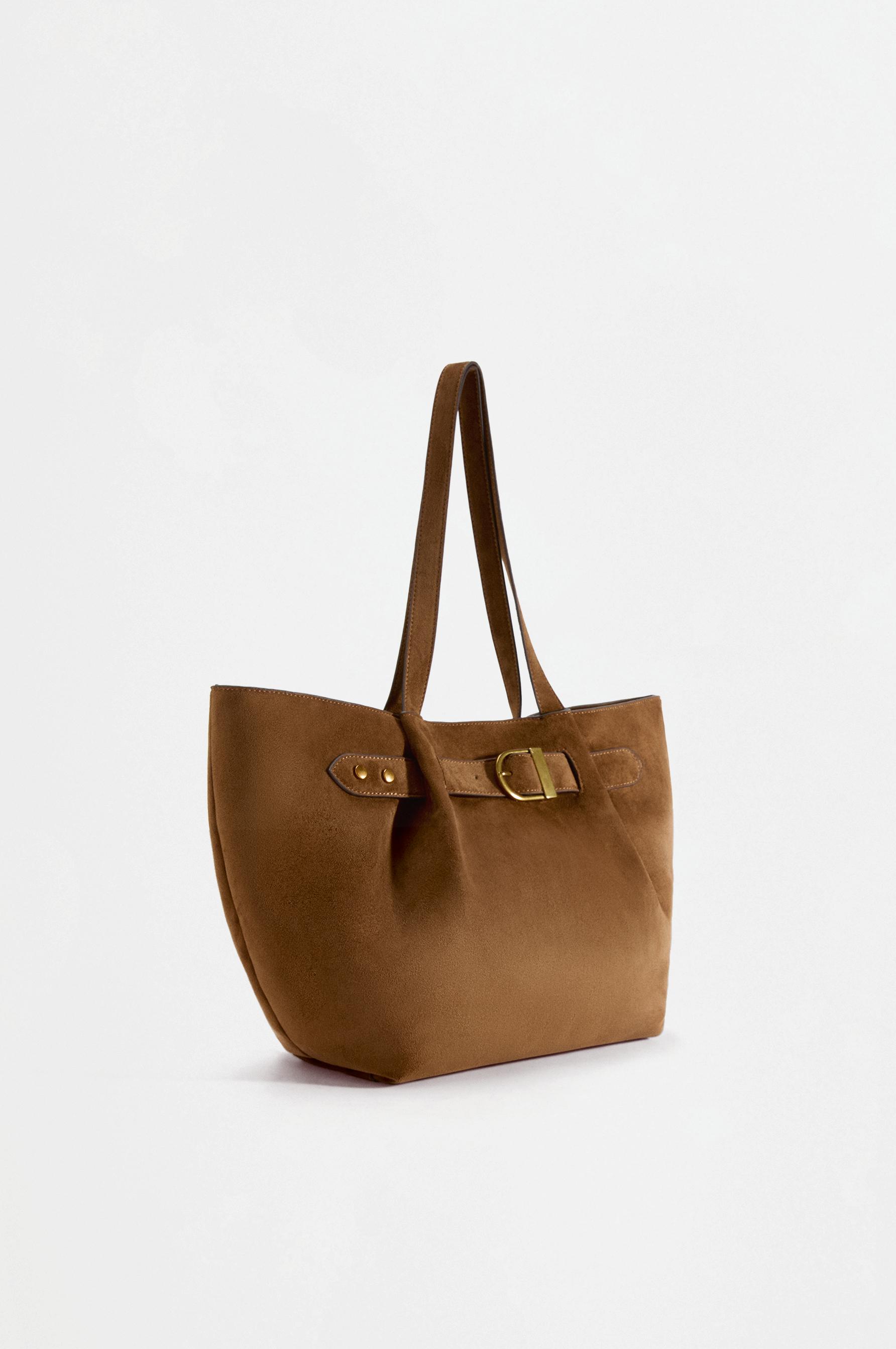 Faux suede buckle shopper bag — CAMEL