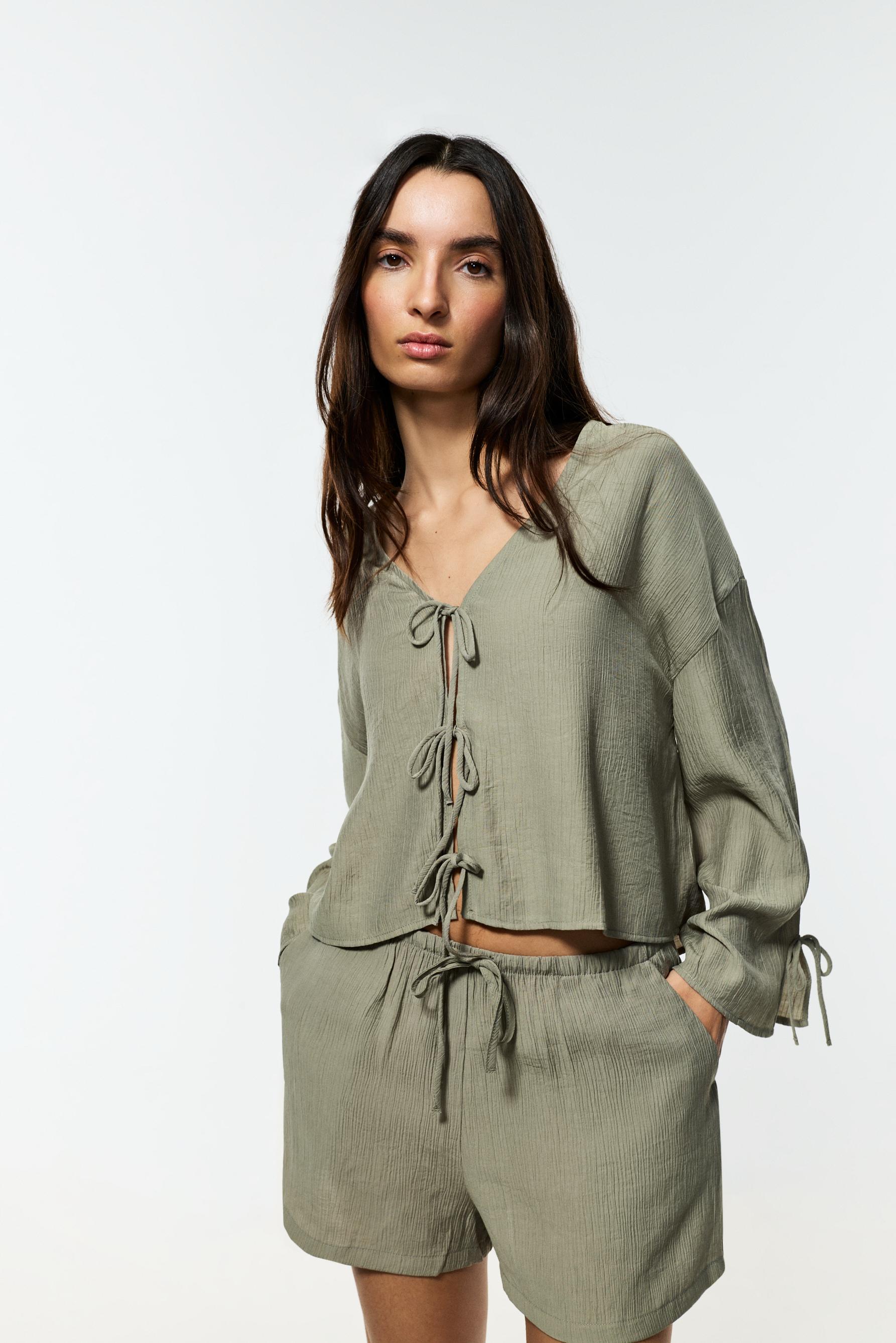 Textured tie-front shirt — PALE KHAKI