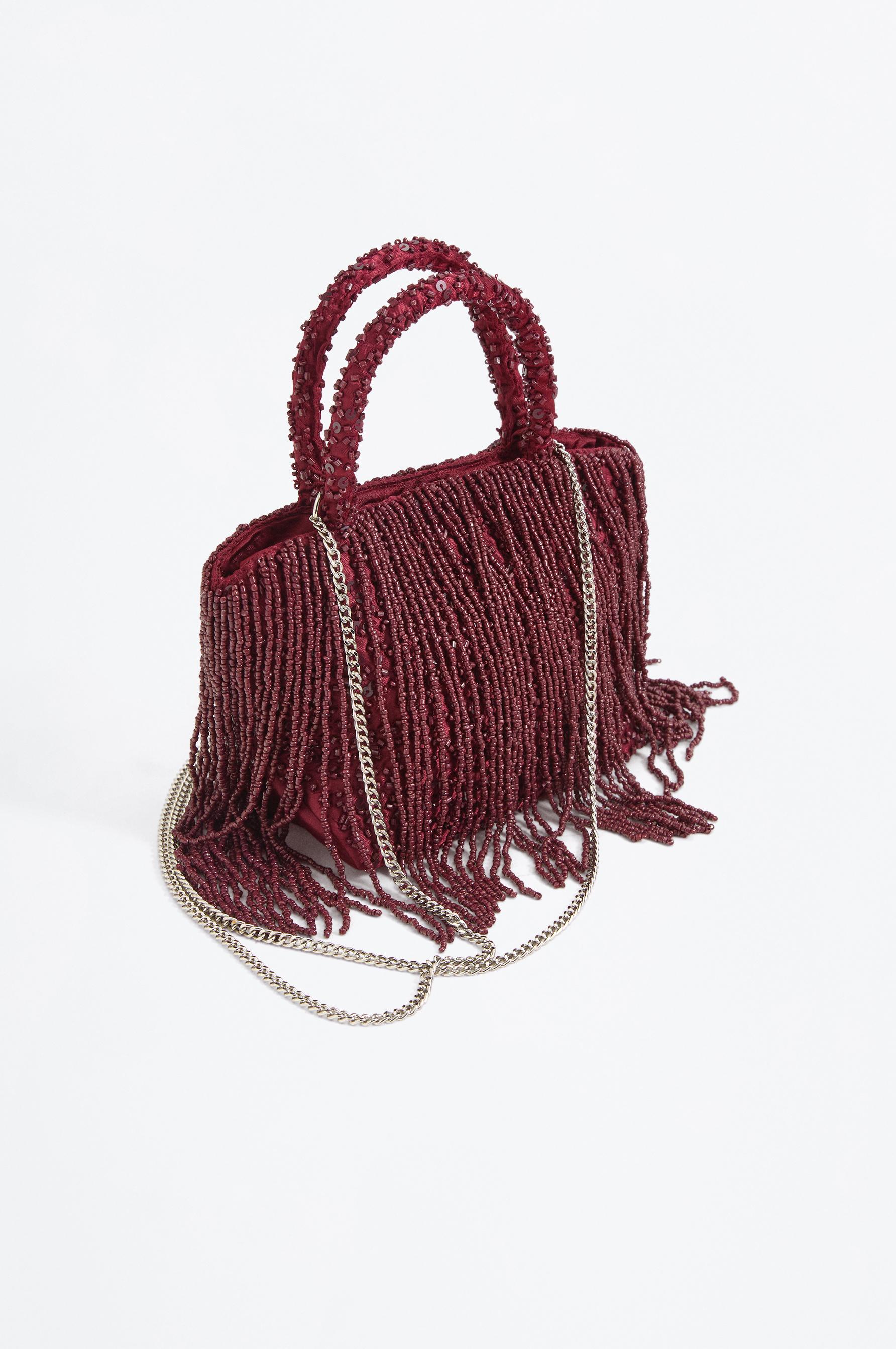 Mini shopper bag with beads and fringe — BURGUNDY