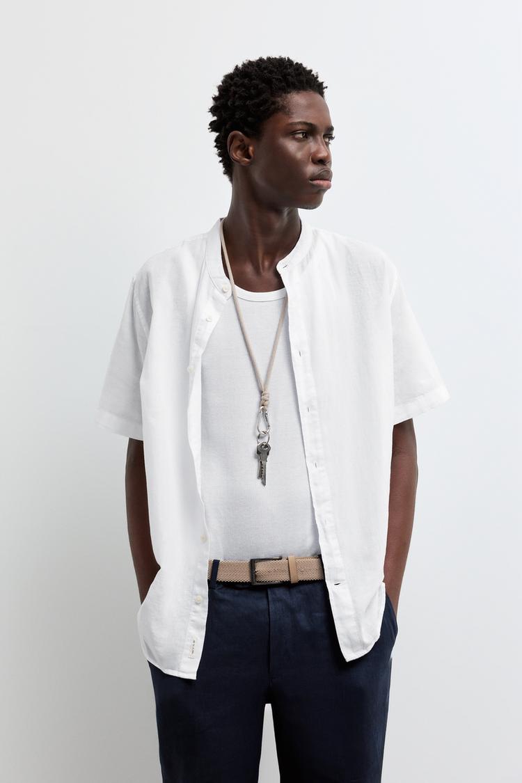 Linen-cotton stand collar shirt — WHITE