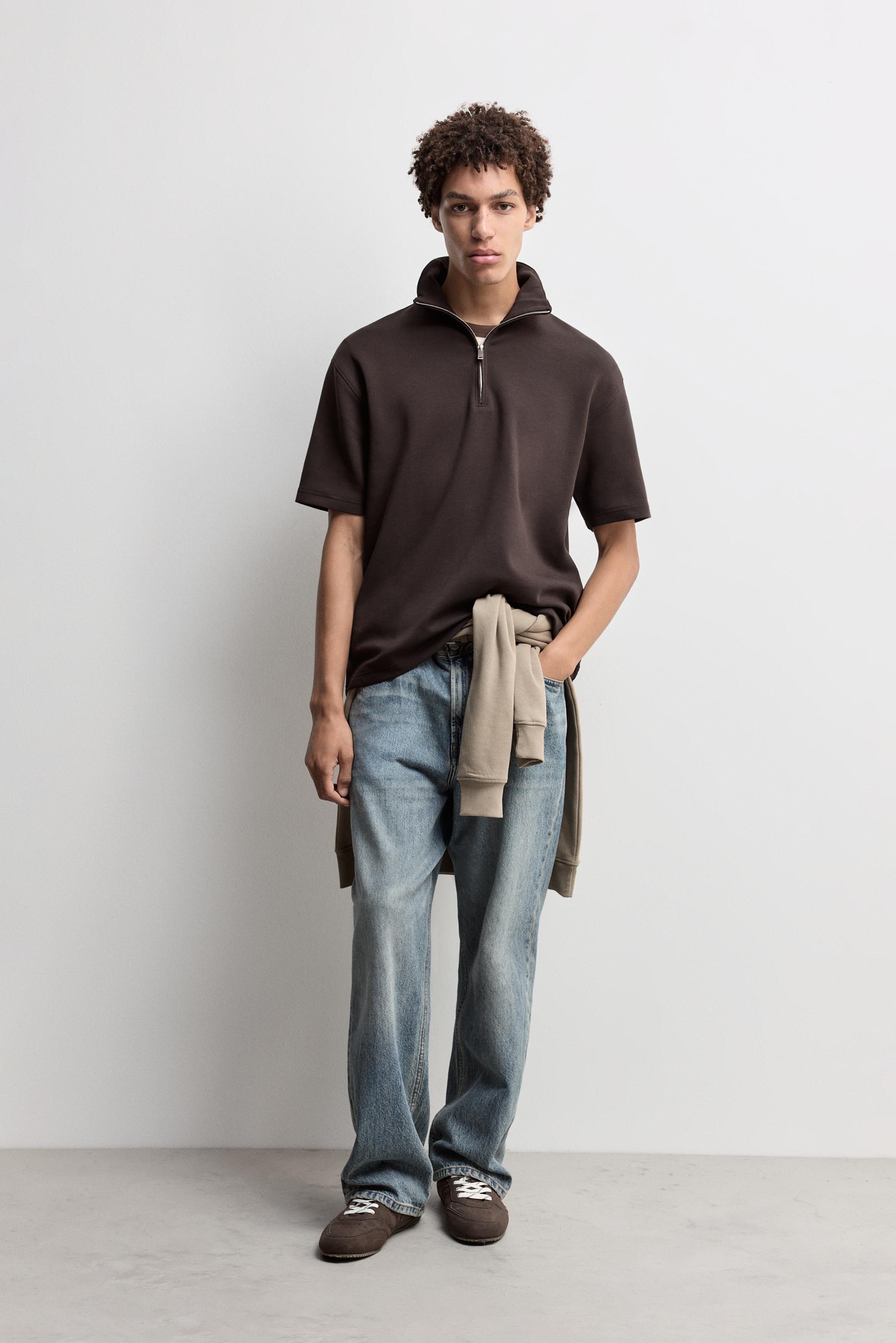 Interlock polo shirt with zip — DARK BROWN