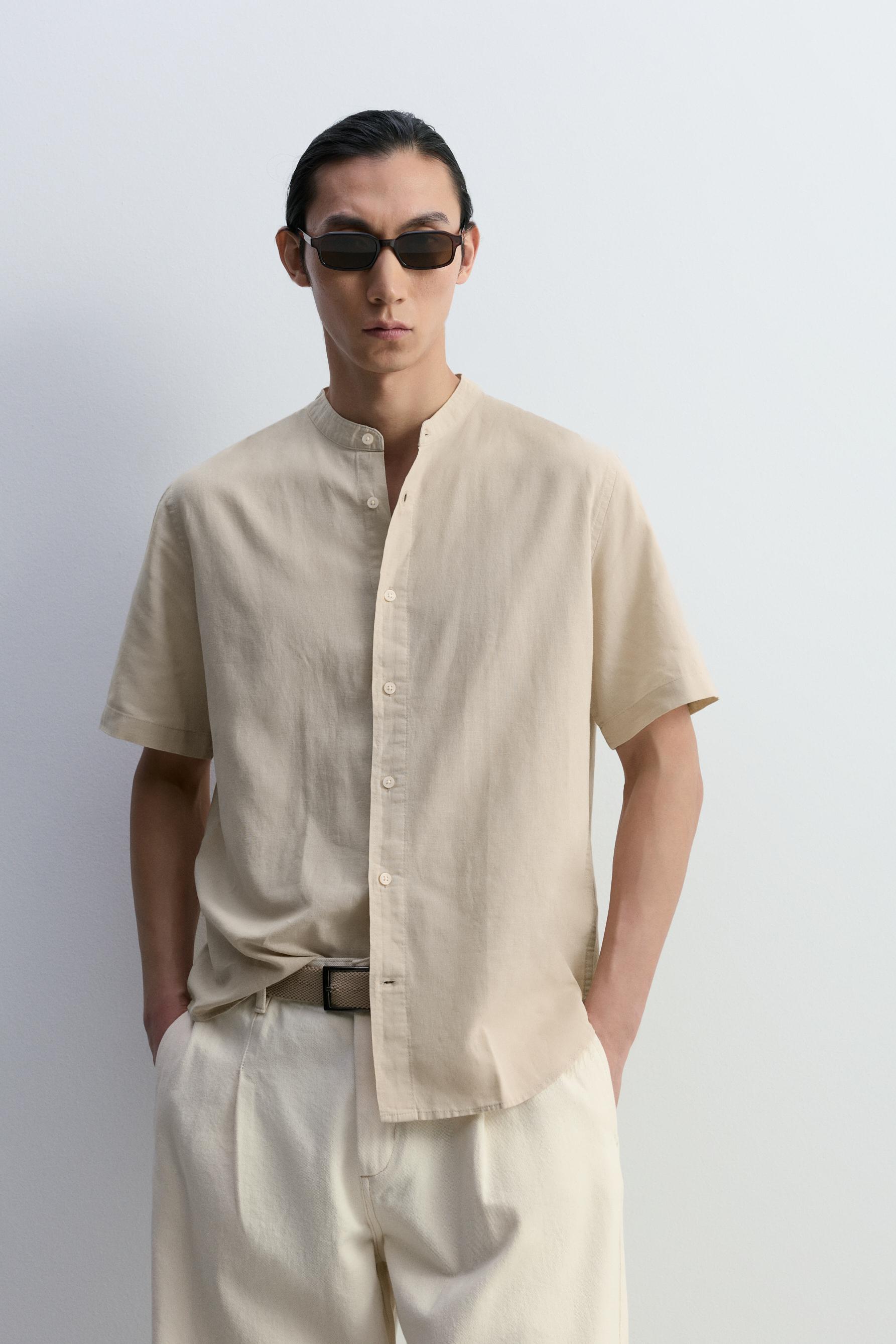 Linen-cotton stand collar shirt — BEIGE