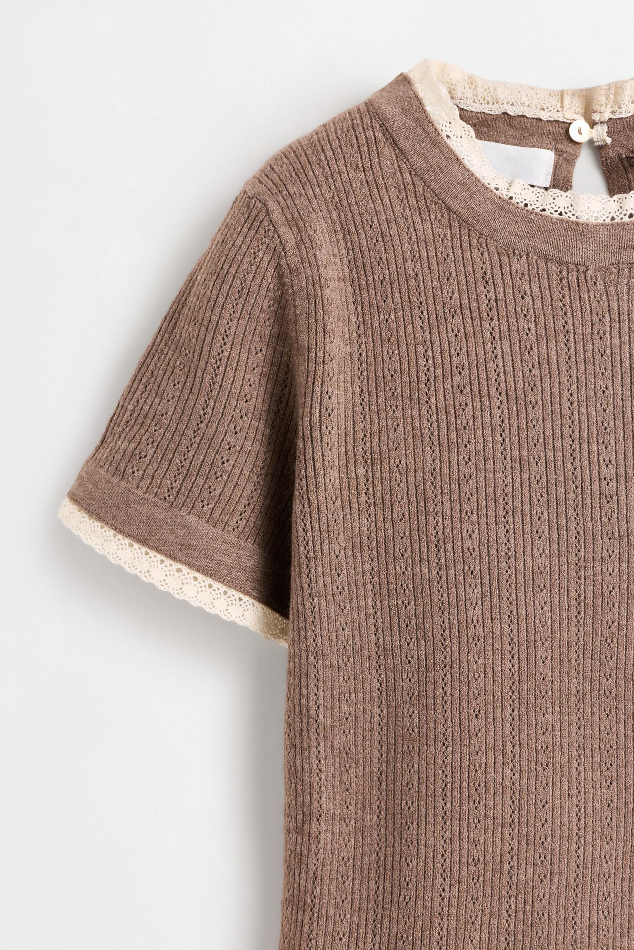 Pointelle short sleeve sweater — TAUPE BROWN