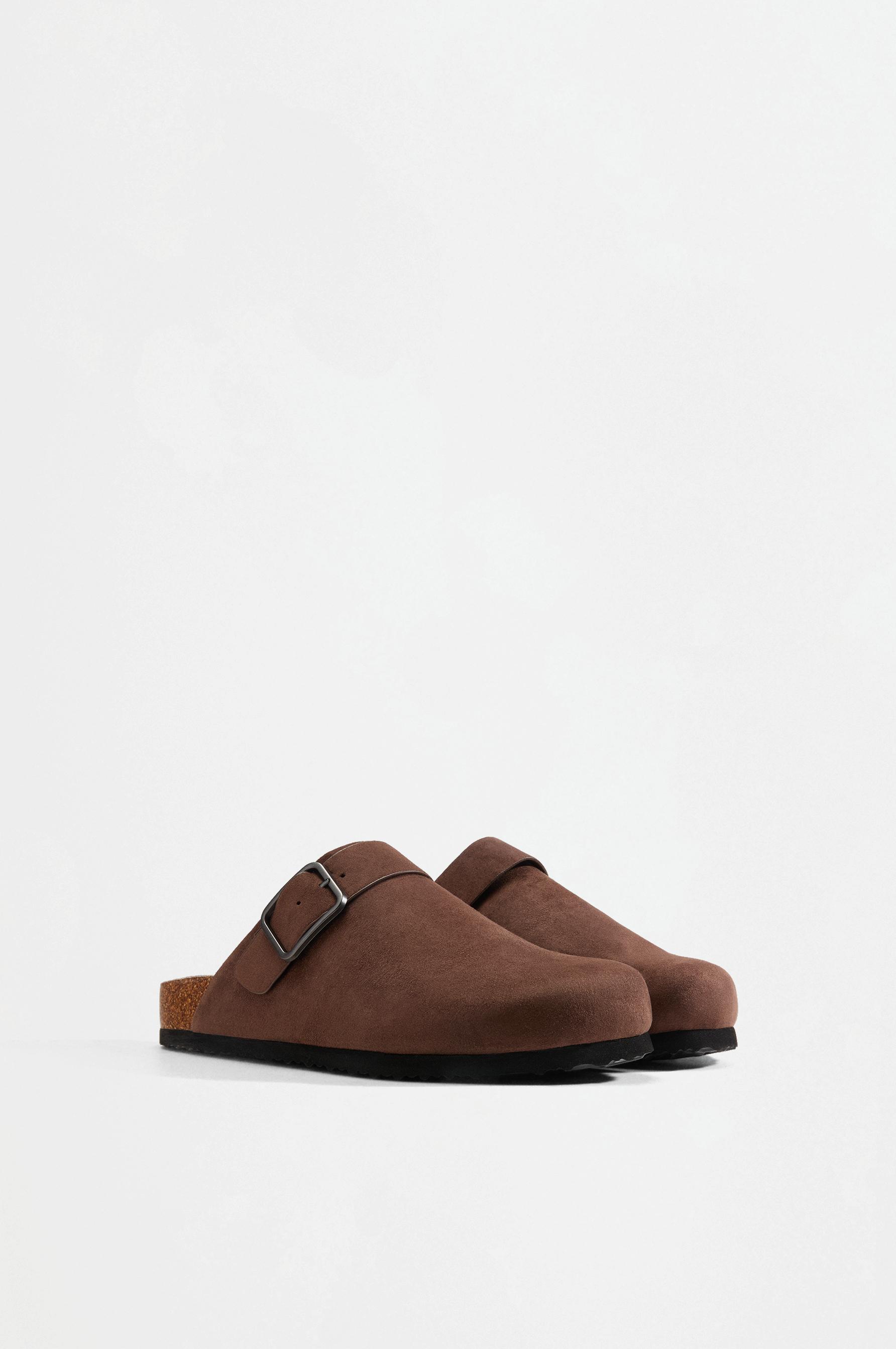 Faux suede buckle clogs — BROWN