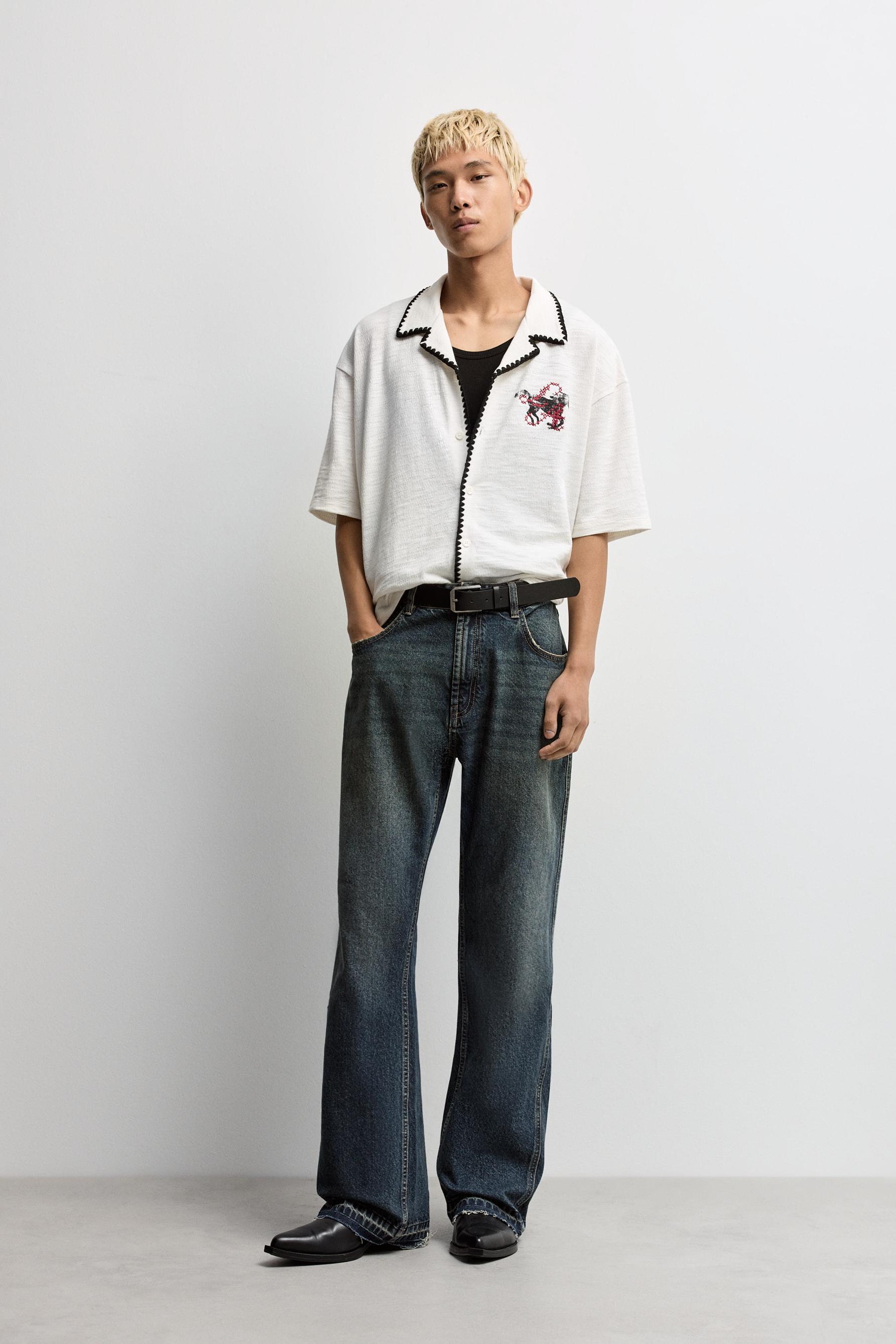 Textured shirt with embroidery — OFF WHITE