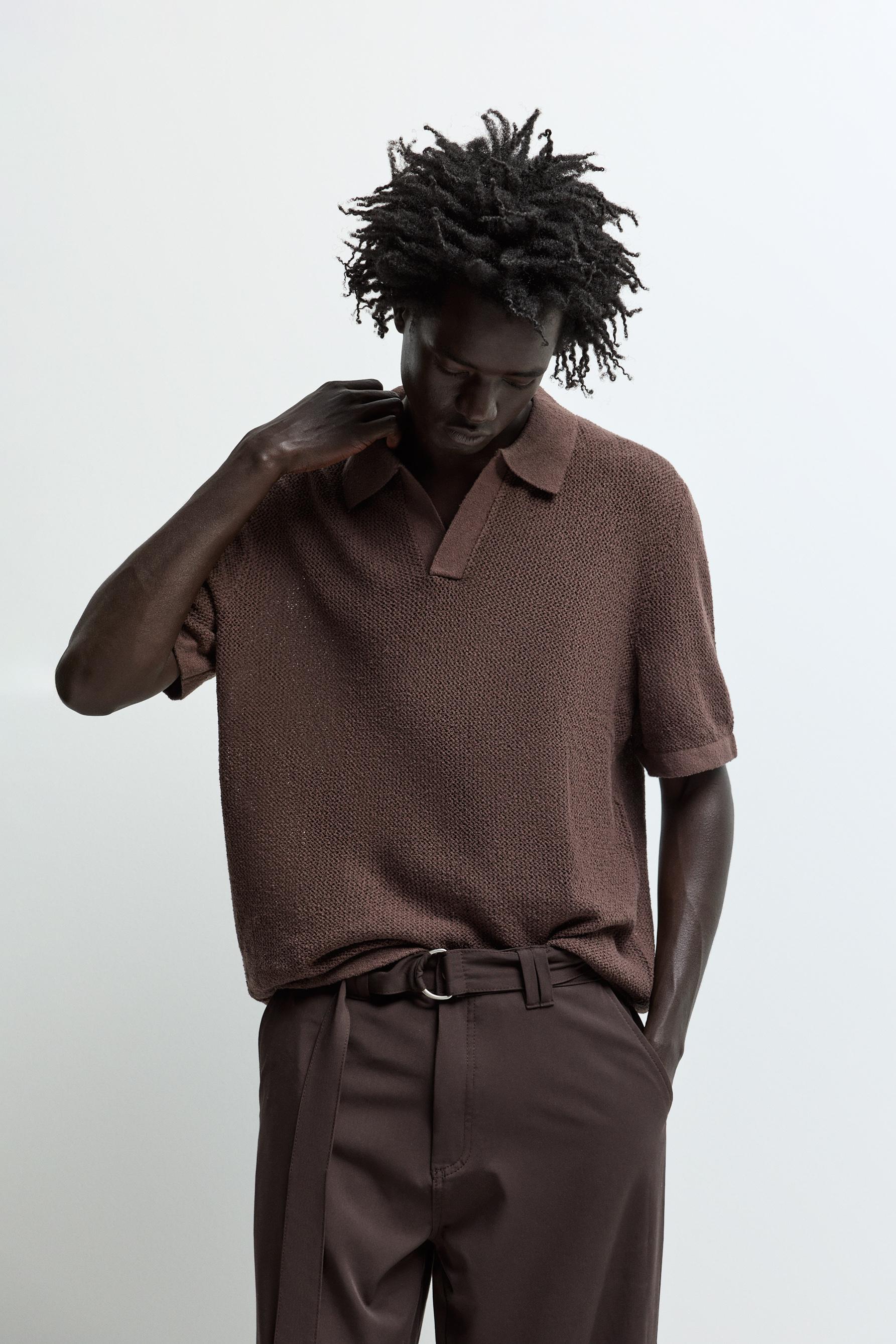 Cutwork knit polo shirt — BROWN