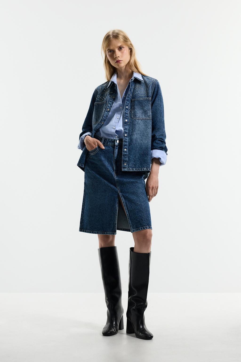 Studded denim short skirt
