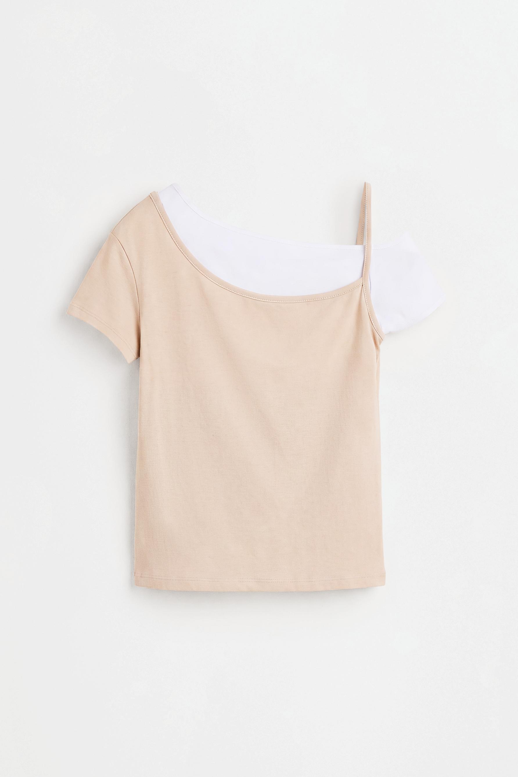 Asymmetric double-layer T-shirt — TAN BEIGE